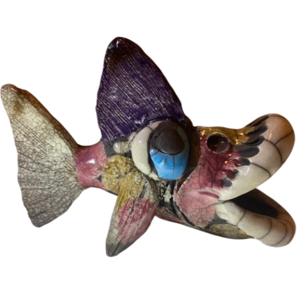 Vintage 1998’ Ross De La Garza Studio Raku Pottery Whimsical Fish